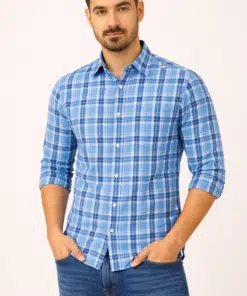 SkyCheck: Men's Sky Blue Checks Full Sleeves Pure Cotton Shirt