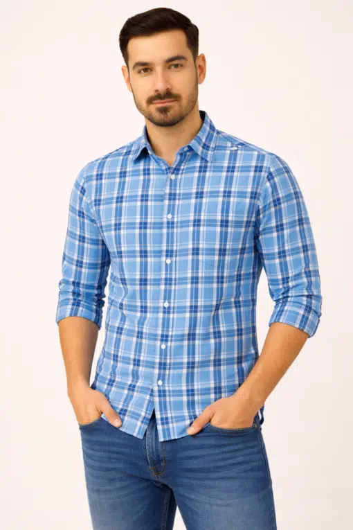 SkyCheck: Men's Sky Blue Checks Full Sleeves Pure Cotton Shirt