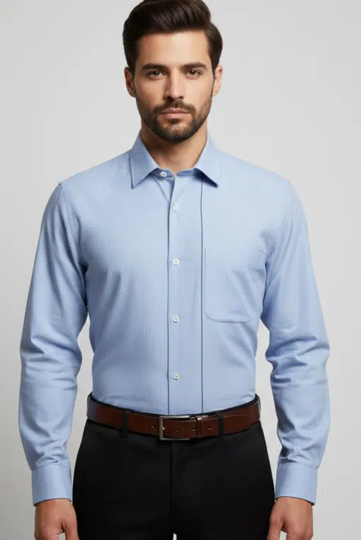 Skyline Stripes: Men's Pure Cotton Shirt with White Base and Blue Lining