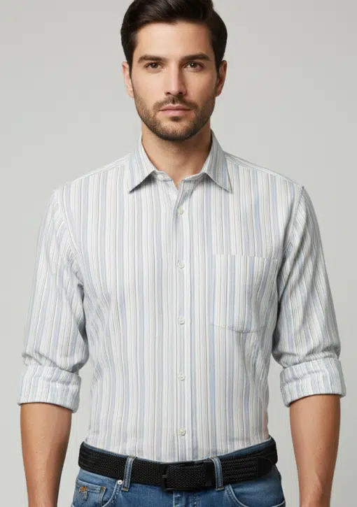 PureLine: 100% Pure Cotton White & Blue Striped Men's Shirt