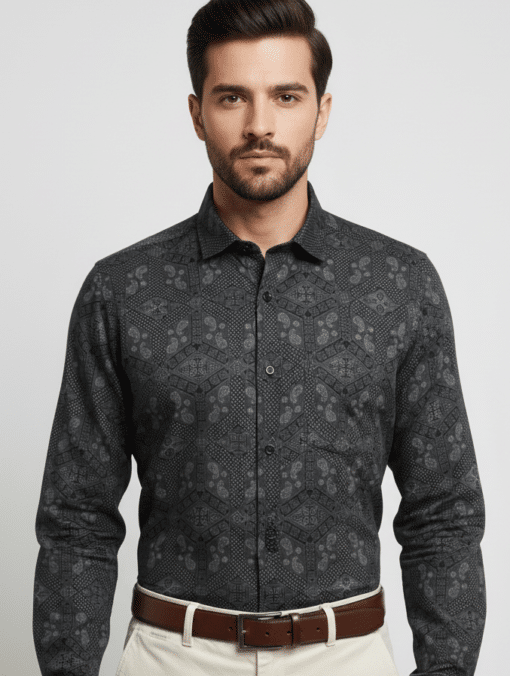 Timeless Noir: Men's Black Printed Classic Full Sleeve Casual Shirt