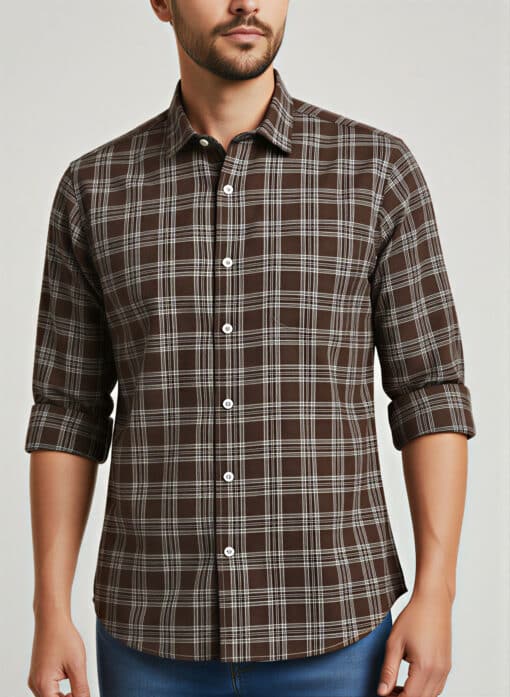 Earthen Elegance: Men's Brown Full Sleeve Classic Shirt with Checks