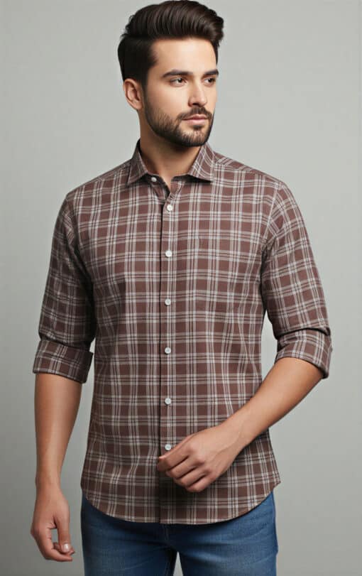 Urban Elegance: Men's Marron Full Sleeve Classic Casual Shirt with Checks