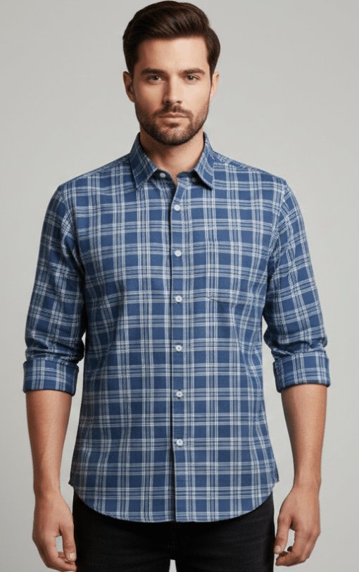 Maritime Checkmate: Men's Navy Blue Full Sleeve Classic Casual Shirt