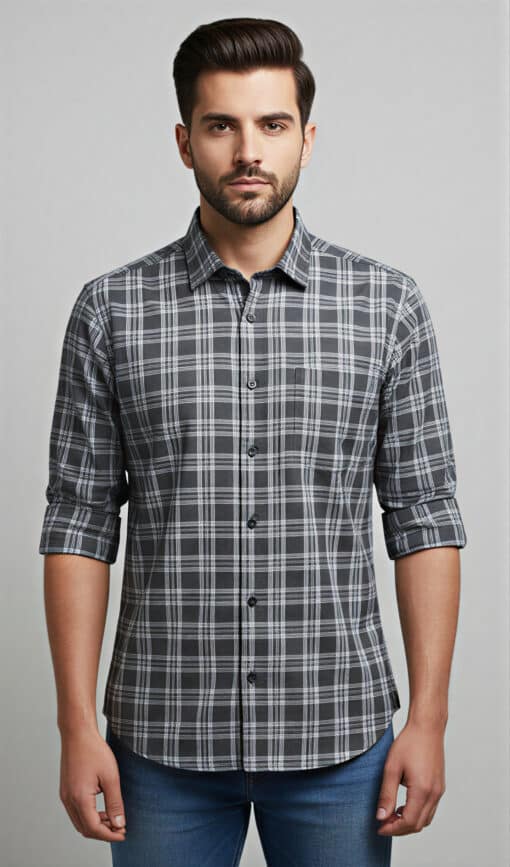 Urban Checkmate: Men's Dark Gray Full Sleeve Classic Casual Shirt