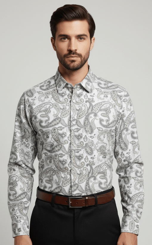 Paisley Perfection: Men's Gray Printed Full Sleeve Casual Shirt