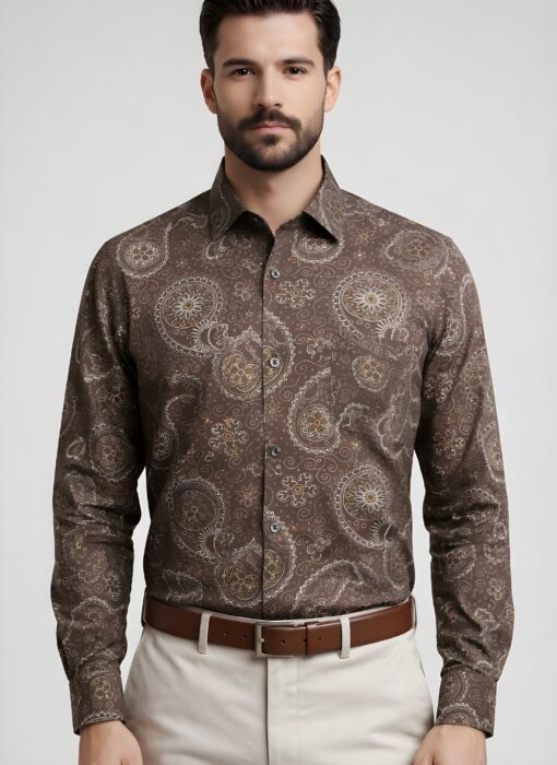 Heritage Oak: Men's Classic Printed Brown Full Sleeves Casual Shirt
