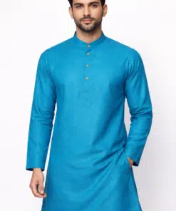 "Azure Nile: Egyptian Cotton Long Kurta with Blue Dobby Weave for Men"