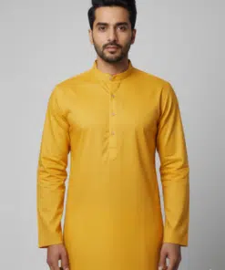 Golden Yellow Solid Cotton Blend Kurtas for Men