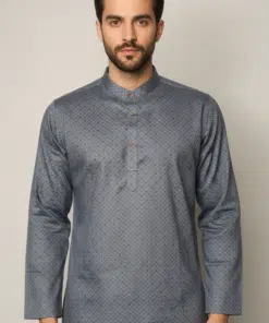 Azure Elegance: Printed Metallic Blue Cotton Long Kurta for Men