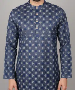 Sapphire Sophistication: Printed Blue Cotton Long Kurta for Men
